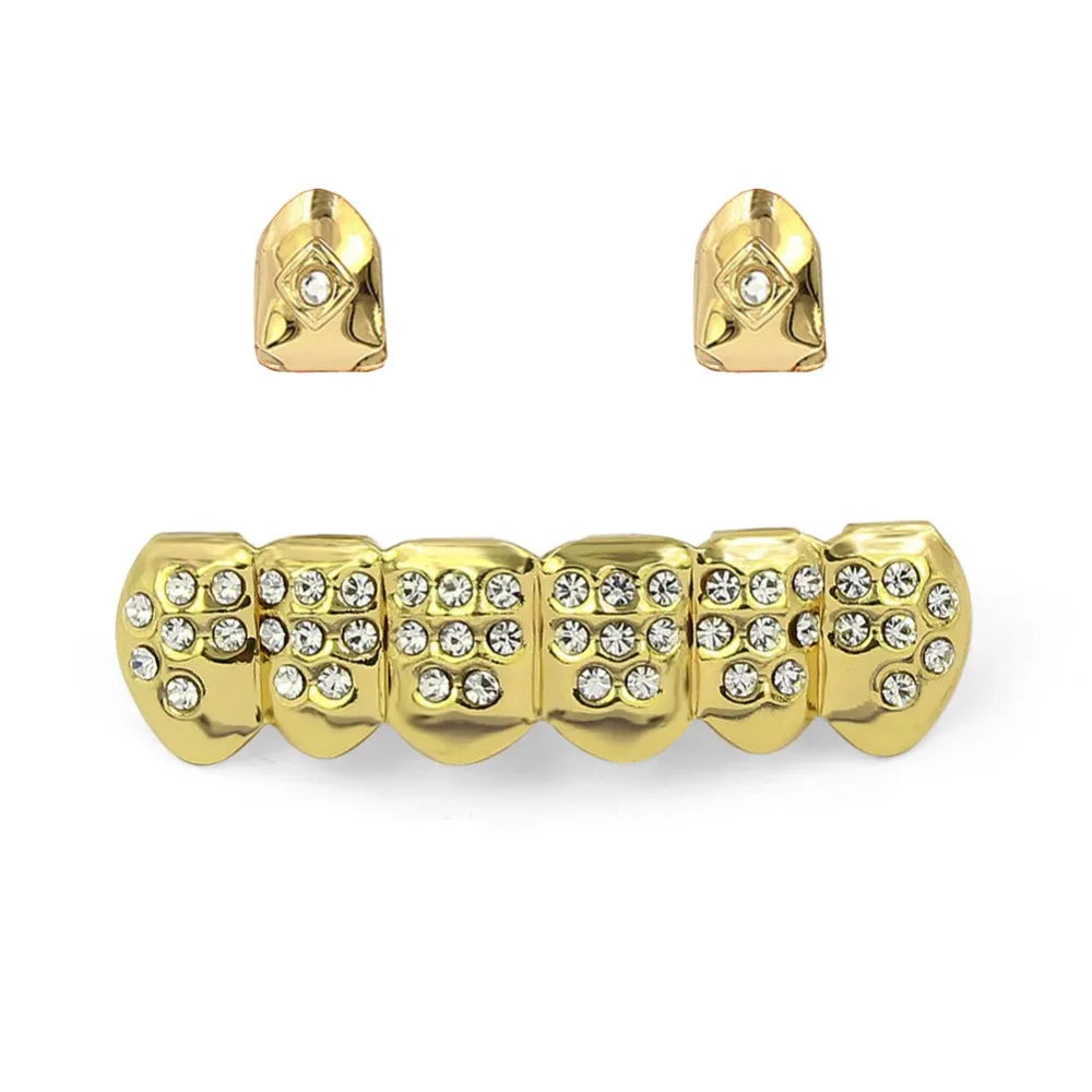 Yellow Gold Color Plated  2 Single Top Teeth Grillz Cap Tooth Grills Two Lines Bottom Hip Hop