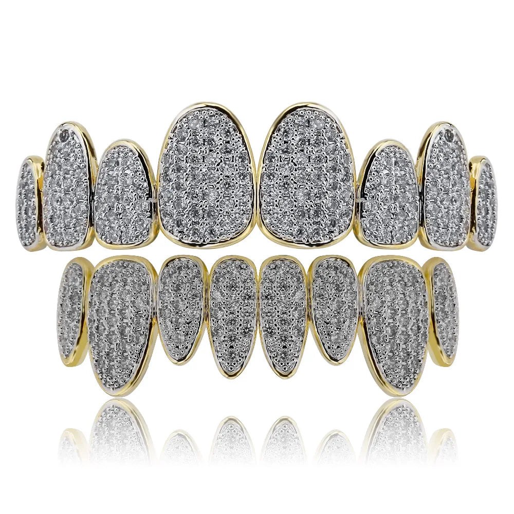 Silver Color Iced Out Gold Grillz Crystal Jewelry Top Bottom Grills 8Teeth Body Jewelry Hip Hop Bling AAA Cubic Zircon Men