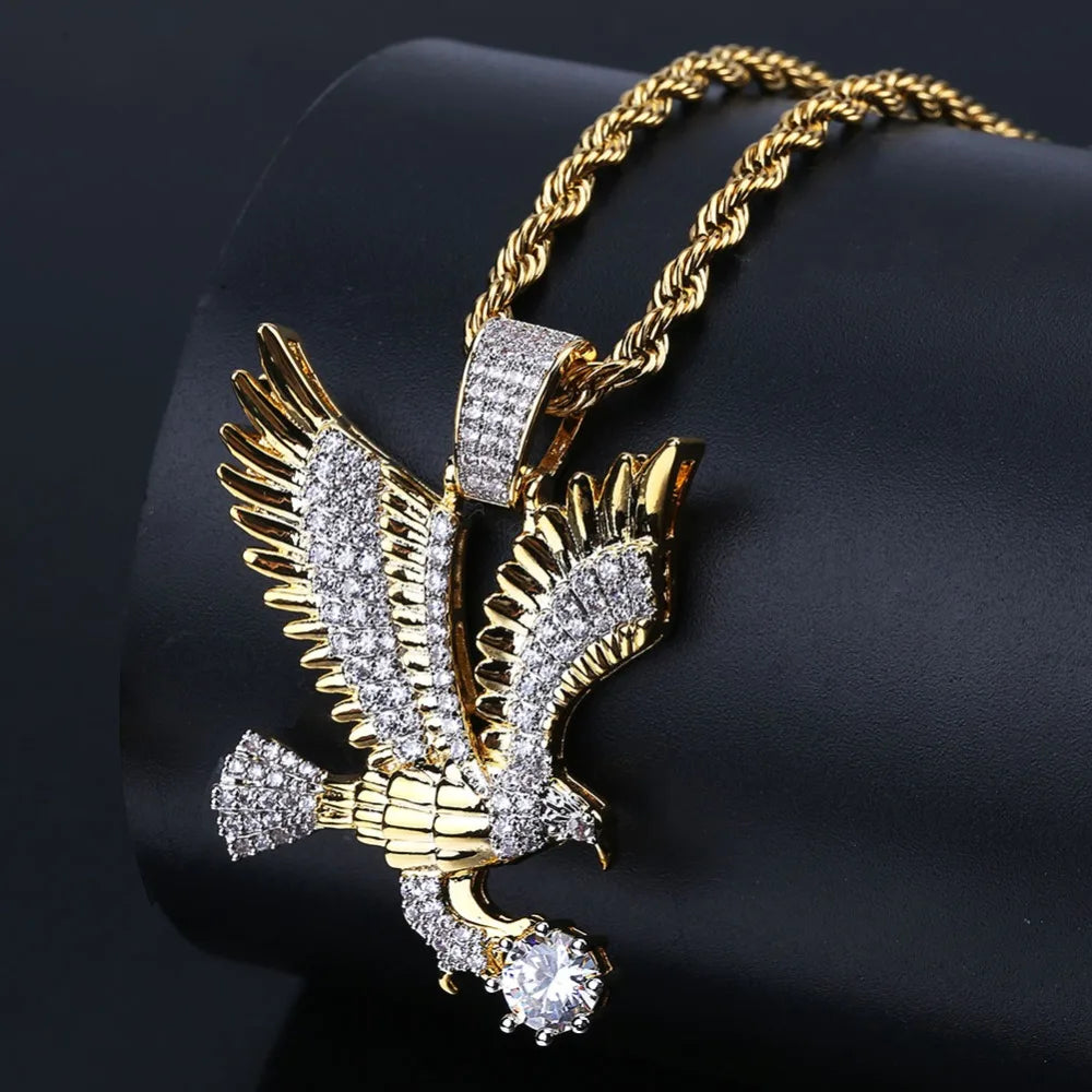 Hip Hop Gold Color Plated Copper Iced Out CZ Eagle Pendant Necklace Charm Franco Chain / 24inch / United States Franco Chain / 20inch / United States 