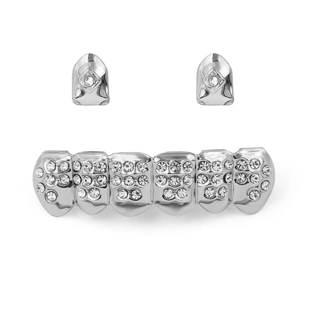 Yellow Gold Color Plated  2 Single Top Teeth Grillz Cap Tooth Grills Two Lines Bottom Hip Hop