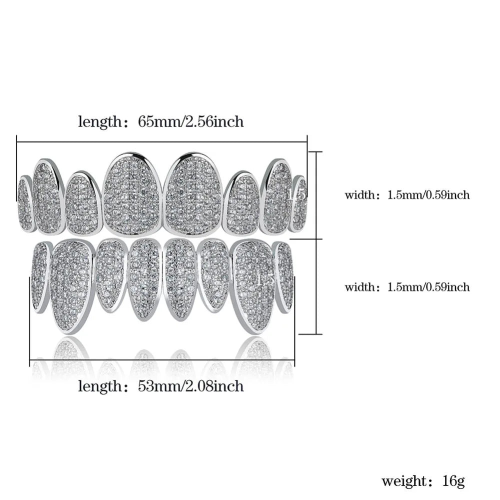 Silver Color Iced Out Gold Grillz Crystal Jewelry Top Bottom Grills 8Teeth Body Jewelry Hip Hop Bling AAA Cubic Zircon Men