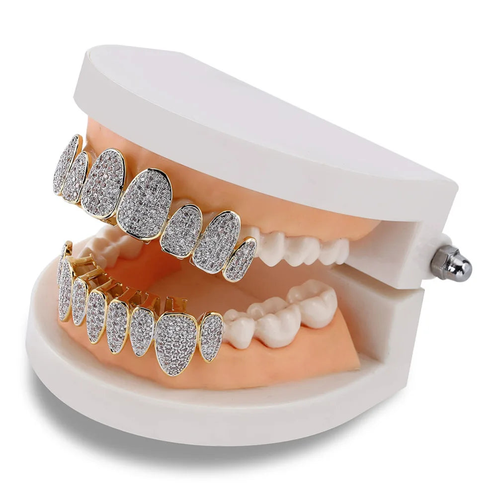 Silver Color Iced Out Gold Grillz Crystal Jewelry Top Bottom Grills 8Teeth Body Jewelry Hip Hop Bling AAA Cubic Zircon Men