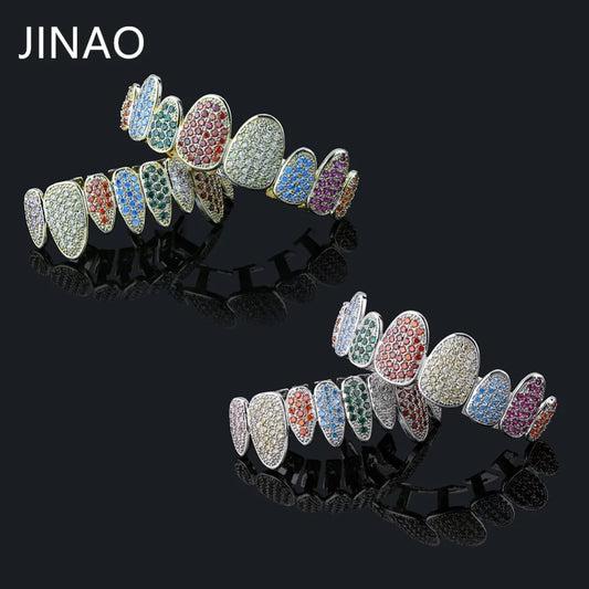 Silver Color Iced Out Gold Grillz Crystal Jewelry Top Bottom Grills 8Teeth Body Jewelry Hip Hop Bling AAA Cubic Zircon Men
