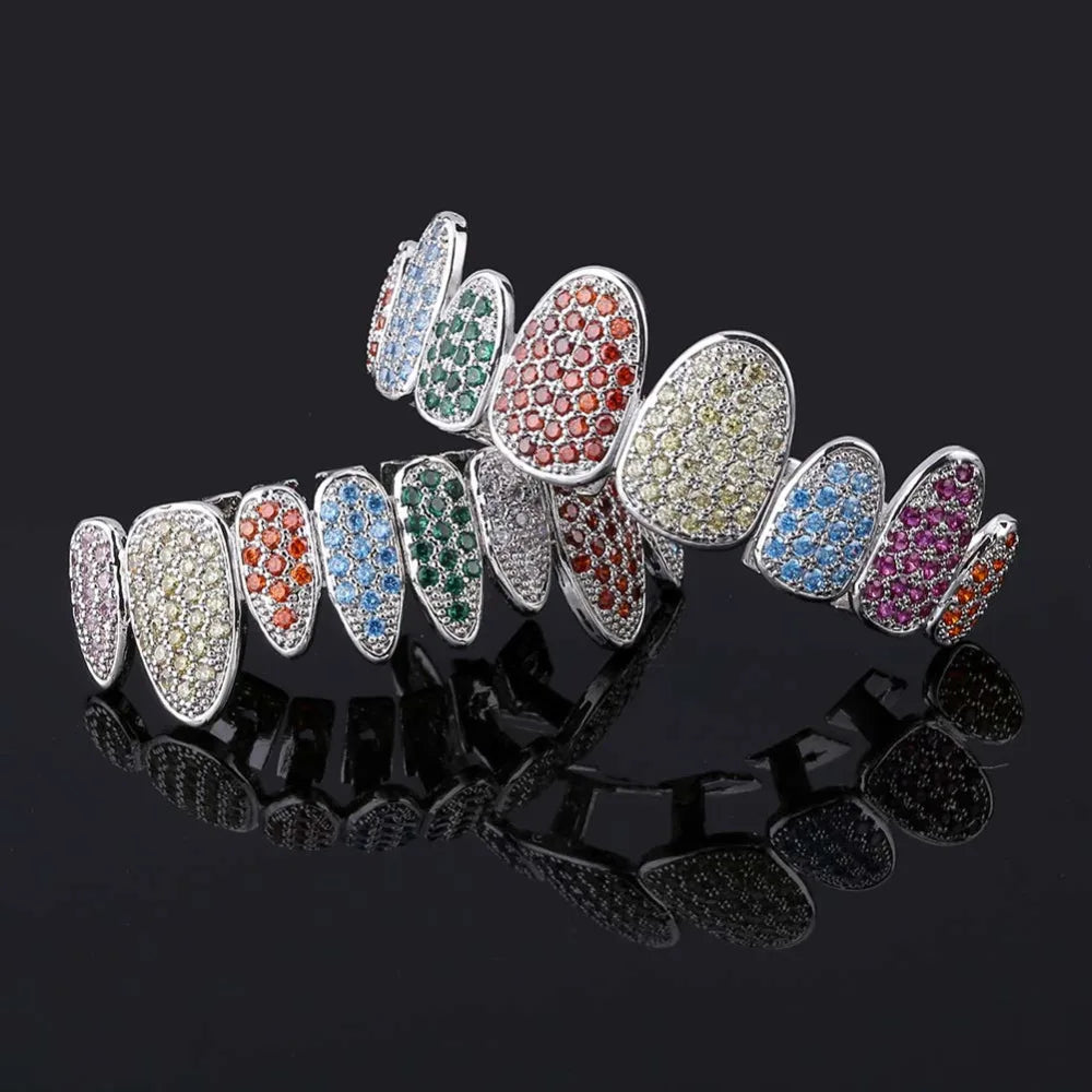 Silver Color Iced Out Gold Grillz Crystal Jewelry Top Bottom Grills 8Teeth Body Jewelry Hip Hop Bling AAA Cubic Zircon Men