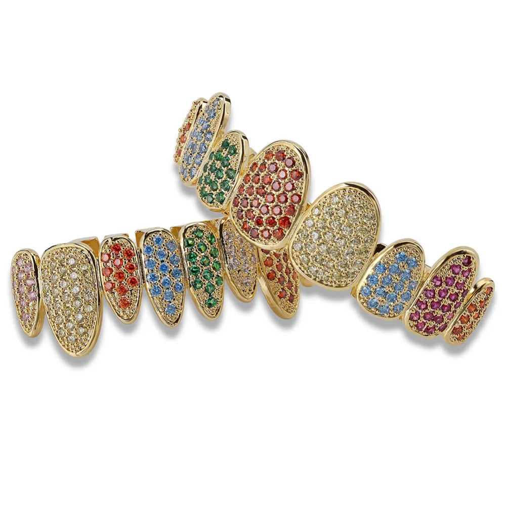 Silver Color Iced Out Gold Grillz Crystal Jewelry Top Bottom Grills 8Teeth Body Jewelry Hip Hop Bling AAA Cubic Zircon Men