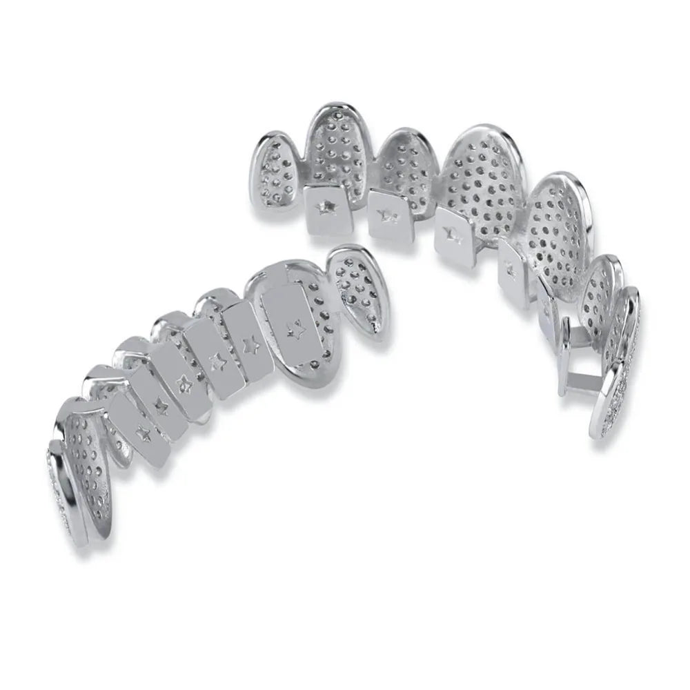 Silver Color Iced Out Gold Grillz Crystal Jewelry Top Bottom Grills 8Teeth Body Jewelry Hip Hop Bling AAA Cubic Zircon Men