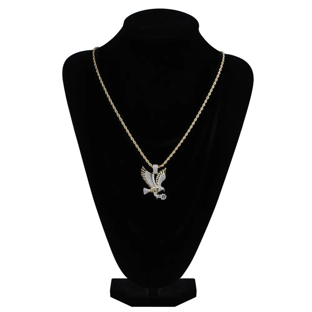 Hip Hop Gold Color Plated Copper Iced Out CZ Eagle Pendant Necklace Charm Franco Chain / 24inch / United States Franco Chain / 20inch / United States 