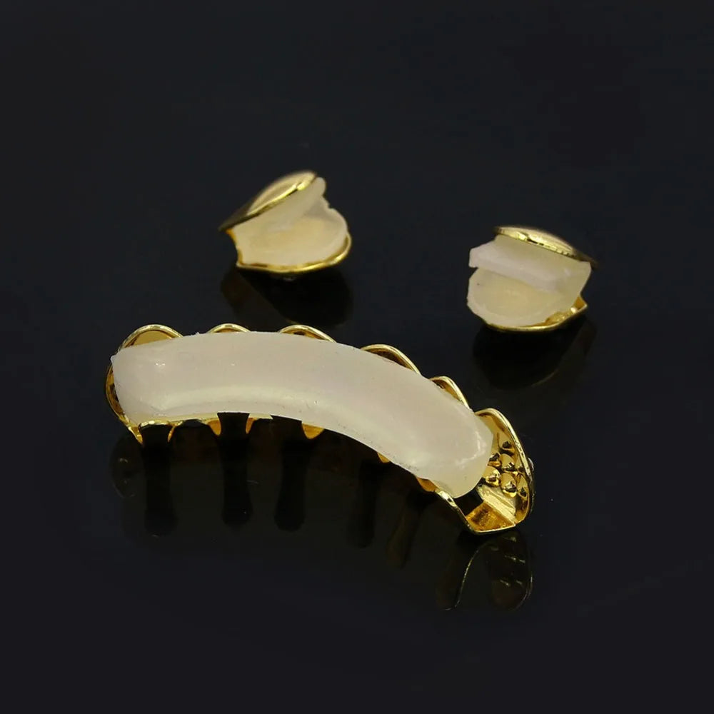 Yellow Gold Color Plated  2 Single Top Teeth Grillz Cap Tooth Grills Two Lines Bottom Hip Hop