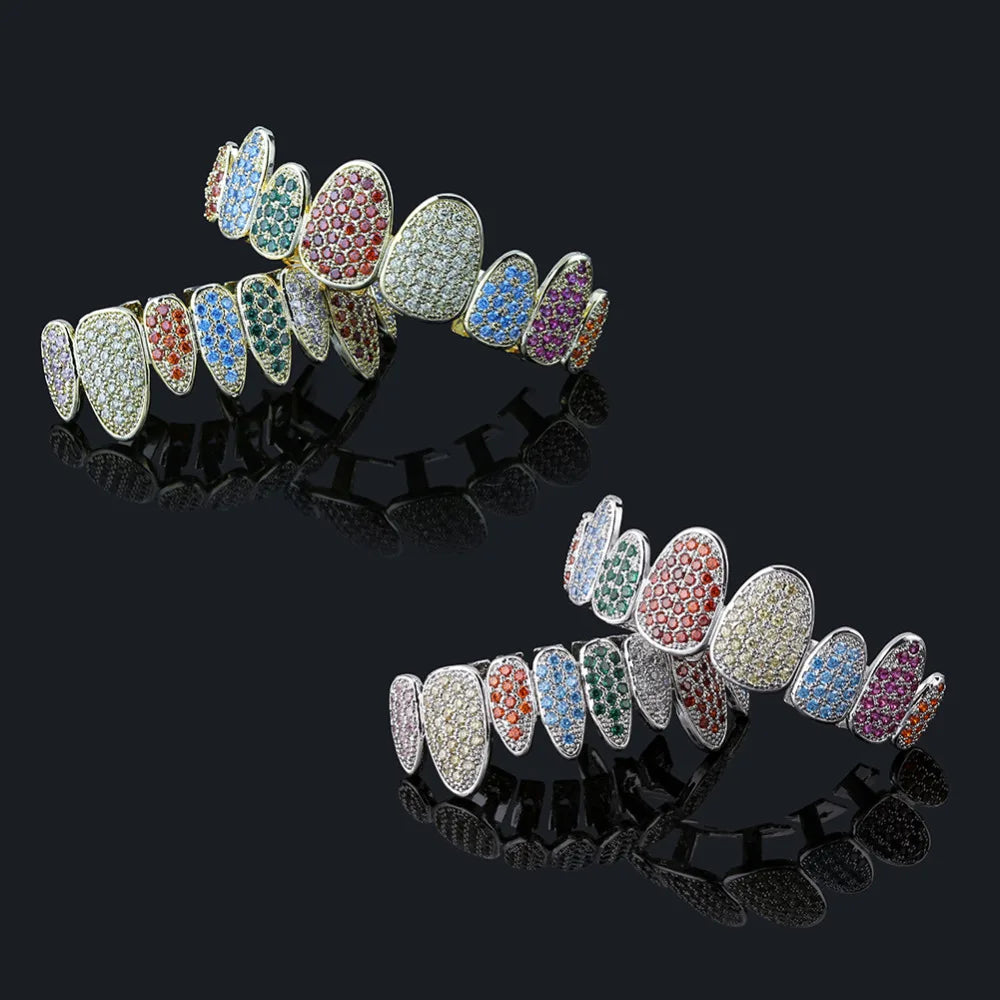 Silver Color Iced Out Gold Grillz Crystal Jewelry Top Bottom Grills 8Teeth Body Jewelry Hip Hop Bling AAA Cubic Zircon Men