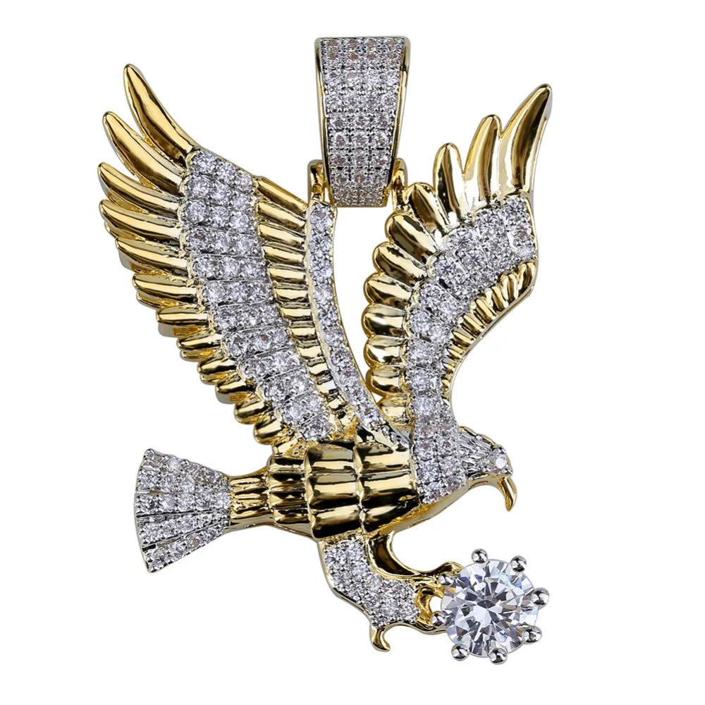 Hip Hop Gold Color Plated Copper Iced Out CZ Eagle Pendant Necklace Charm Franco Chain / 24inch / United States Franco Chain / 20inch / United States 