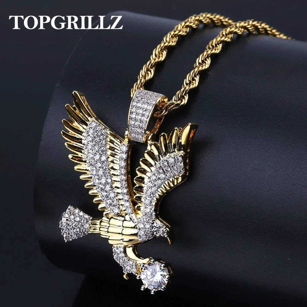 Hip Hop Gold Color Plated Copper Iced Out CZ Eagle Pendant Necklace Charm Franco Chain / 24inch / United States Franco Chain / 20inch / United States 