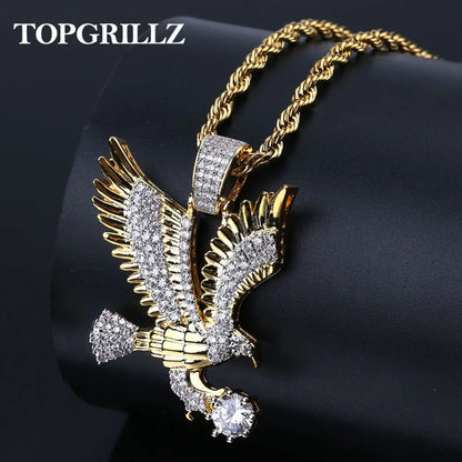Hip Hop Gold Color Plated Copper Iced Out CZ Eagle Pendant Necklace Charm Franco Chain / 24inch / United States Franco Chain / 20inch / United States 