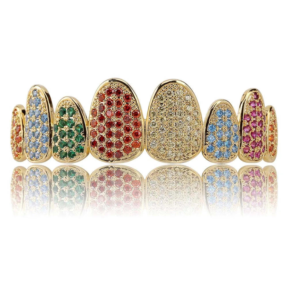 Silver Color Iced Out Gold Grillz Crystal Jewelry Top Bottom Grills 8Teeth Body Jewelry Hip Hop Bling AAA Cubic Zircon Men