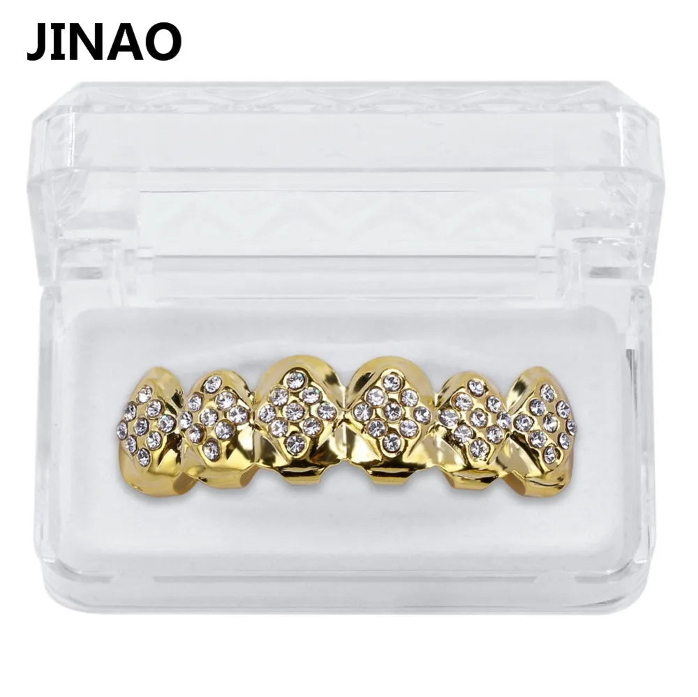 Gold Color Plated Iced Out Crystal Top & Bottom Teeth Grillz With Silicone