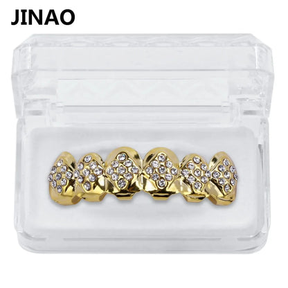 Gold Color Plated Iced Out Crystal Top & Bottom Teeth Grillz With Silicone