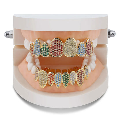Silver Color Iced Out Gold Grillz Crystal Jewelry Top Bottom Grills 8Teeth Body Jewelry Hip Hop Bling AAA Cubic Zircon Men
