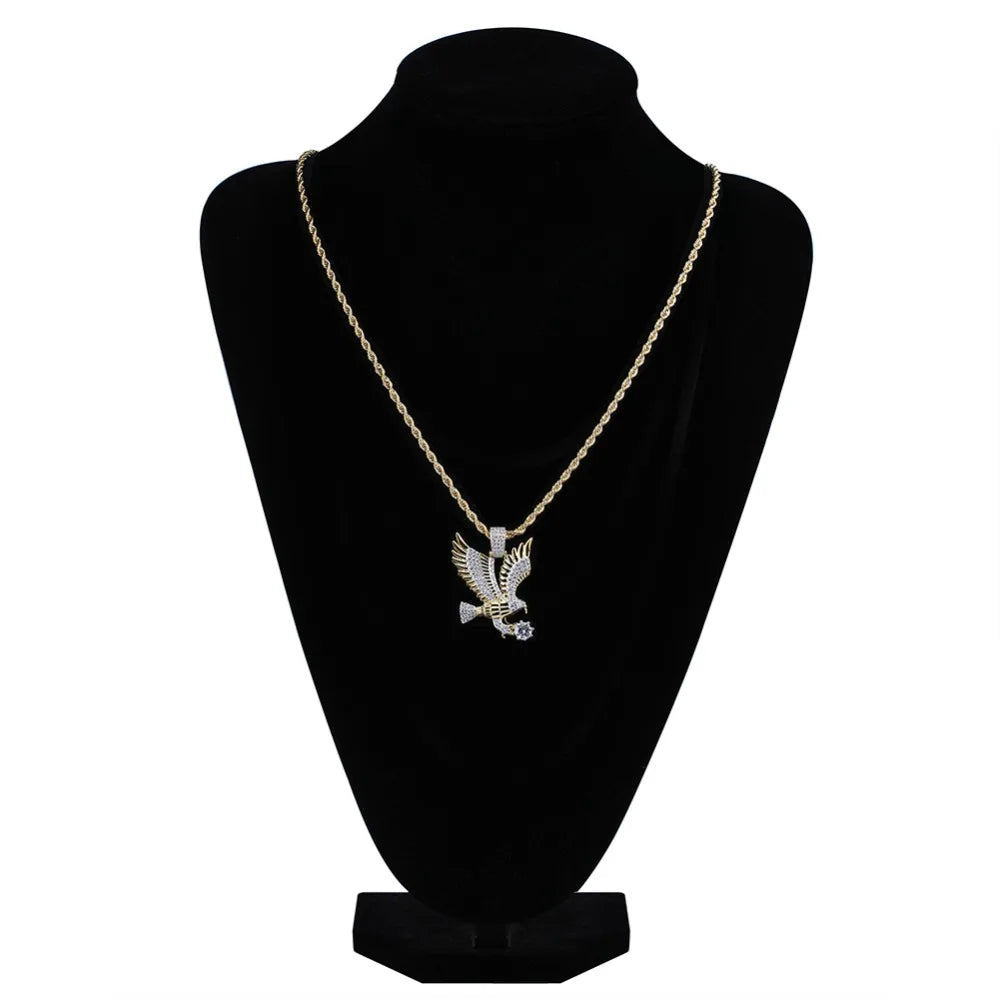 Hip Hop Gold Color Plated Copper Iced Out CZ Eagle Pendant Necklace Charm Franco Chain / 24inch / United States Franco Chain / 20inch / United States 
