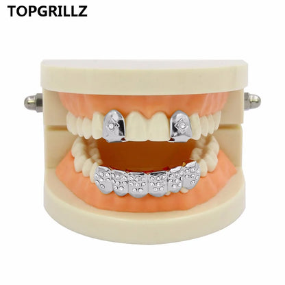 Yellow Gold Color Plated  2 Single Top Teeth Grillz Cap Tooth Grills Two Lines Bottom Hip Hop