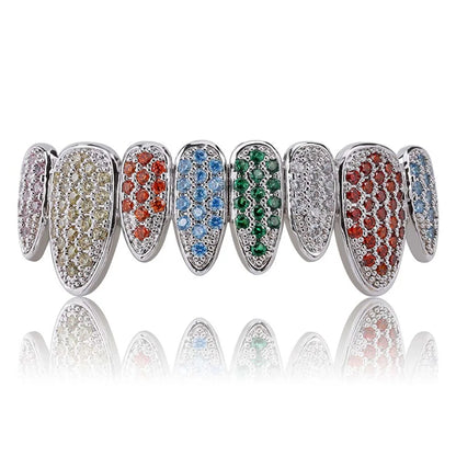 Silver Color Iced Out Gold Grillz Crystal Jewelry Top Bottom Grills 8Teeth Body Jewelry Hip Hop Bling AAA Cubic Zircon Men