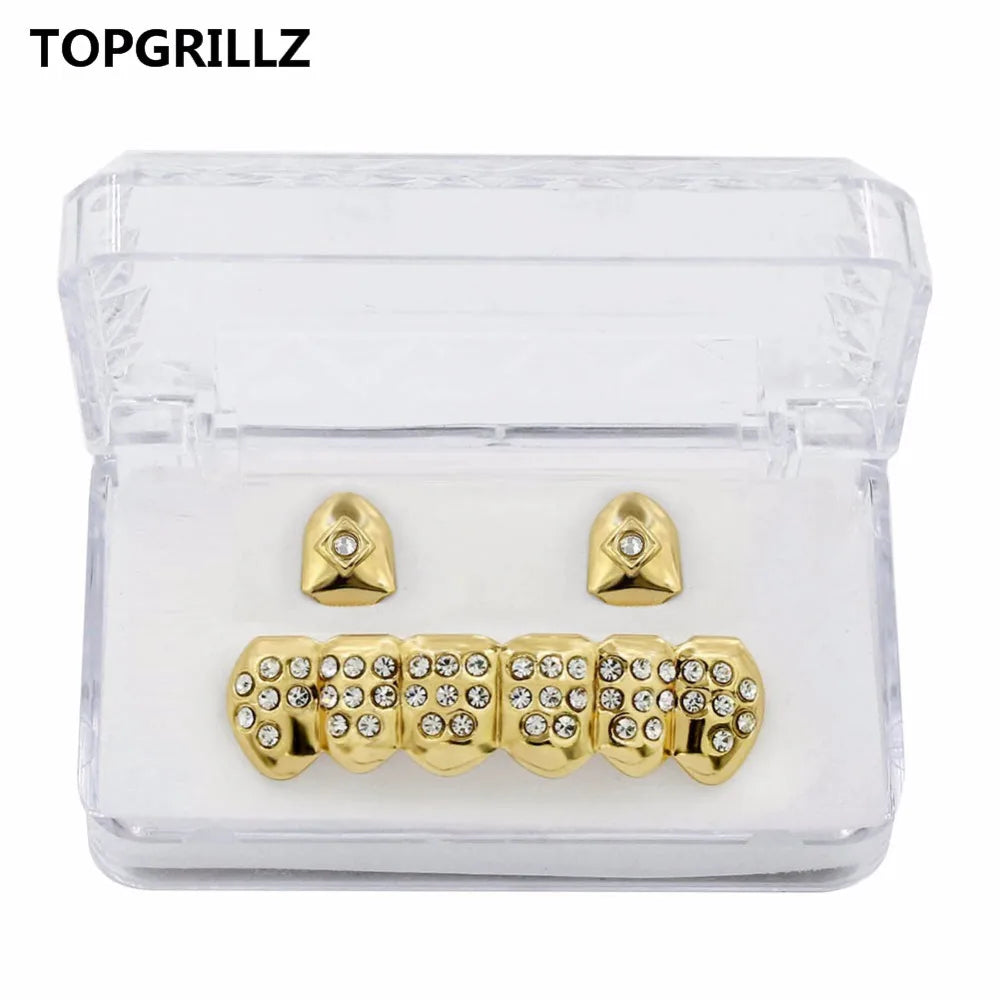 Yellow Gold Color Plated  2 Single Top Teeth Grillz Cap Tooth Grills Two Lines Bottom Hip Hop