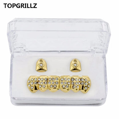 Yellow Gold Color Plated  2 Single Top Teeth Grillz Cap Tooth Grills Two Lines Bottom Hip Hop