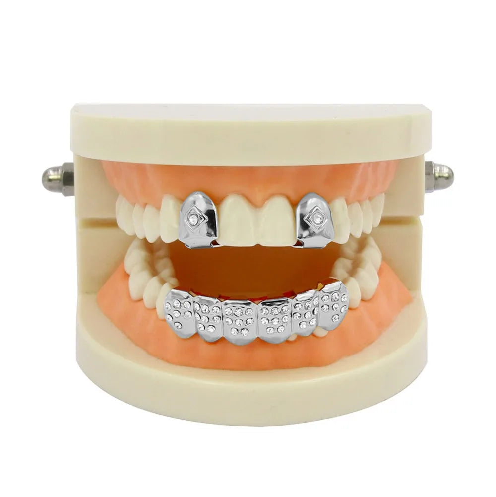 Yellow Gold Color Plated  2 Single Top Teeth Grillz Cap Tooth Grills Two Lines Bottom Hip Hop