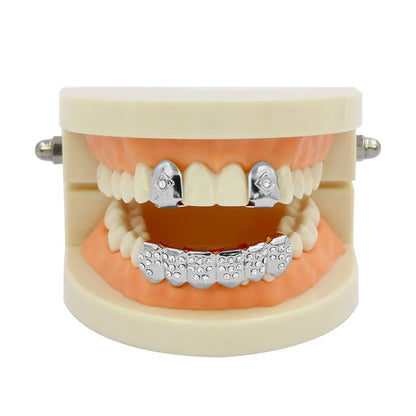 Yellow Gold Color Plated  2 Single Top Teeth Grillz Cap Tooth Grills Two Lines Bottom Hip Hop