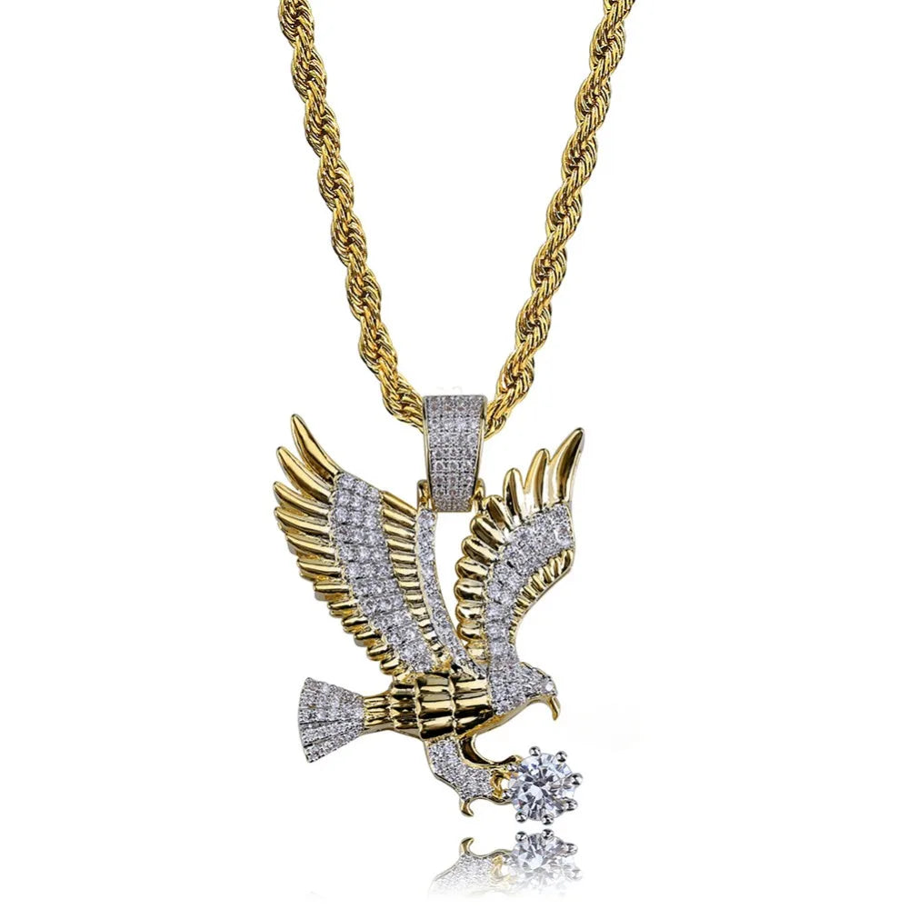 Hip Hop Gold Color Plated Copper Iced Out CZ Eagle Pendant Necklace Charm Franco Chain / 24inch / United States Franco Chain / 20inch / United States 