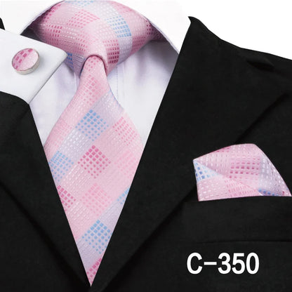 Coral 8.5cm Men's Ties Hanky Cufflinks Set Silk Tie For Men Pink Plaid Coral Luxury Wedding Party