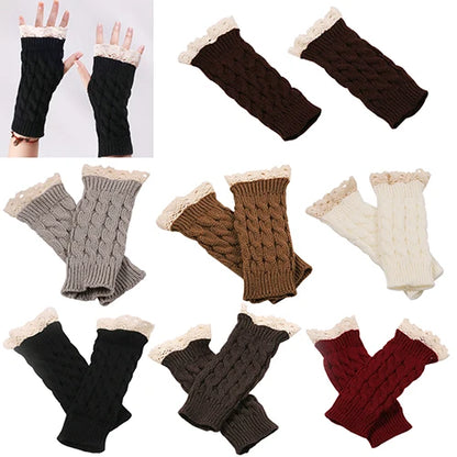 Lace Patchwork Embroidered Gloves  Coldproof Fashion Warm Soild Fingerless Glove