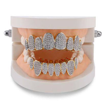 Silver Color Iced Out Gold Grillz Crystal Jewelry Top Bottom Grills 8Teeth Body Jewelry Hip Hop Bling AAA Cubic Zircon Men