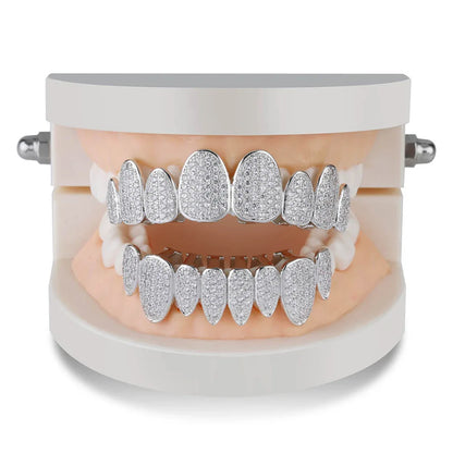 Silver Color Iced Out Gold Grillz Crystal Jewelry Top Bottom Grills 8Teeth Body Jewelry Hip Hop Bling AAA Cubic Zircon Men