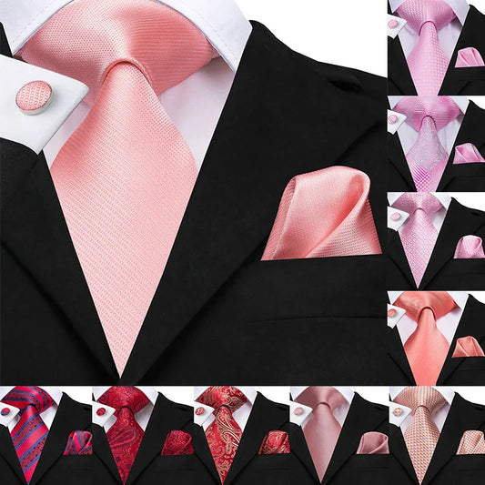 Coral 8.5cm Men's Ties Hanky Cufflinks Set Silk Tie For Men Pink Plaid Coral Luxury Wedding Party