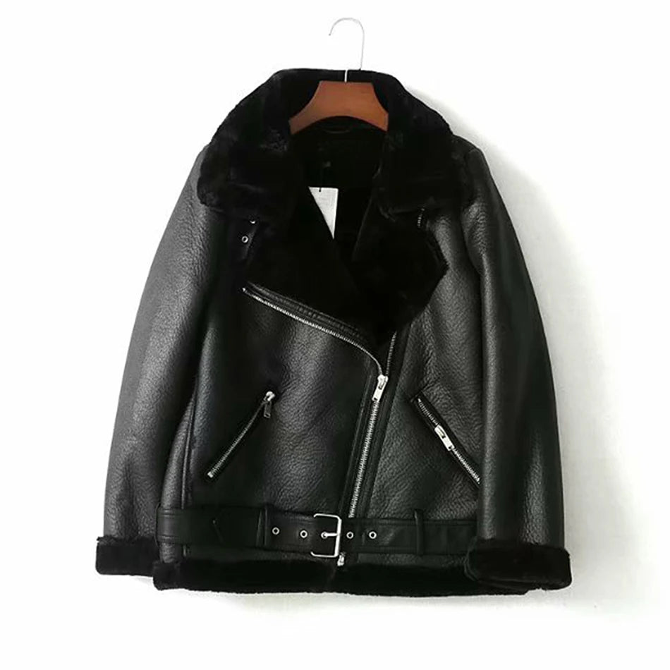 Thick and warm faux leather jacket Coat women's beige long-sleeved belt jacket women 2025 winter fashion new streetwear Tops