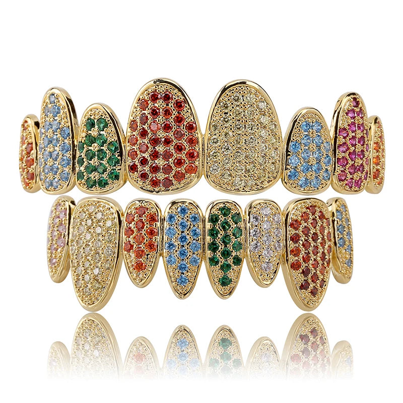 Silver Color Iced Out Gold Grillz Crystal Jewelry Top Bottom Grills 8Teeth Body Jewelry Hip Hop Bling AAA Cubic Zircon Men