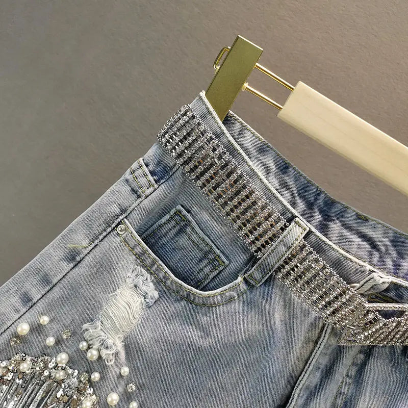 Elegant Shorts Lady Tassel Beading High Waist Wide Leg Denim Casual Solid Shorts Jeans
