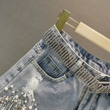 Elegant Shorts Lady Tassel Beading High Waist Wide Leg Denim Casual Solid Shorts Jeans