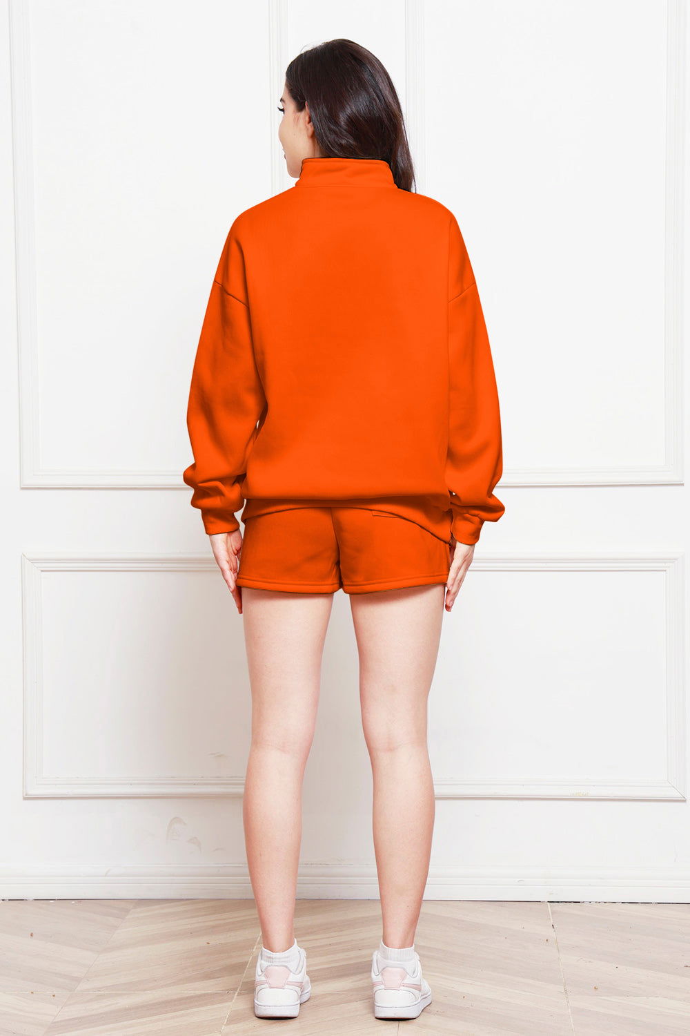 Half Zip Long Sleeve Sweatshirt and Drawstring Shorts Set - Fashionqueene.com-Sweatshirt set