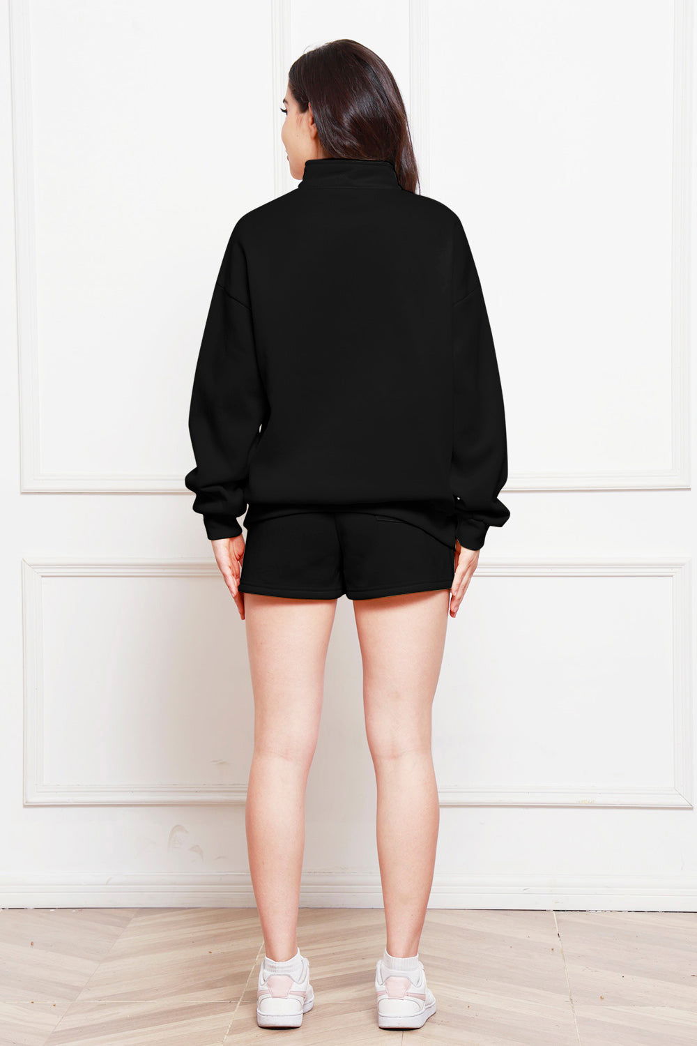 Half Zip Long Sleeve Sweatshirt and Drawstring Shorts Set - Fashionqueene.com-Sweatshirt set