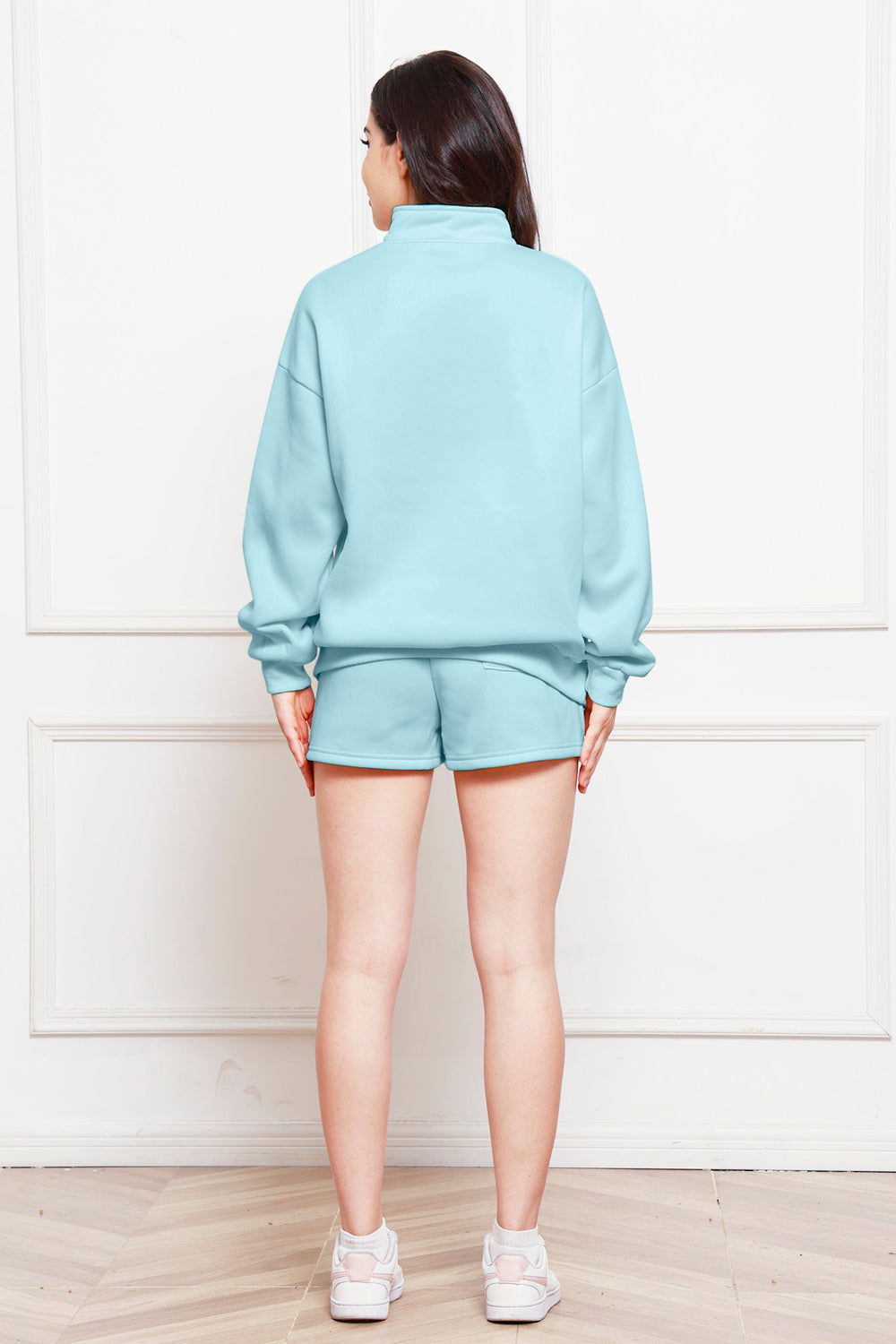 Half Zip Long Sleeve Sweatshirt and Drawstring Shorts Set - Fashionqueene.com-Sweatshirt set