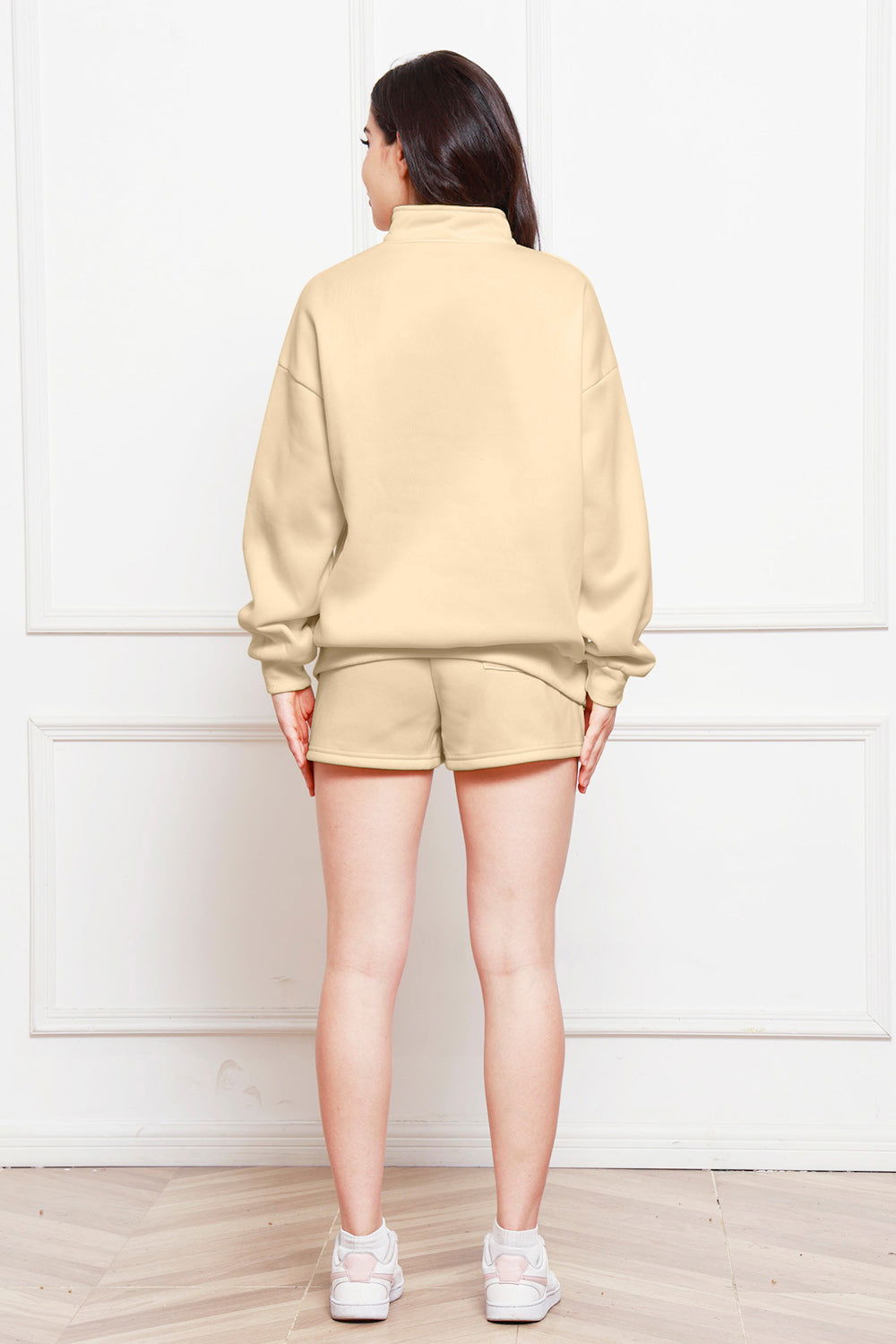 Half Zip Long Sleeve Sweatshirt and Drawstring Shorts Set - Fashionqueene.com-Sweatshirt set