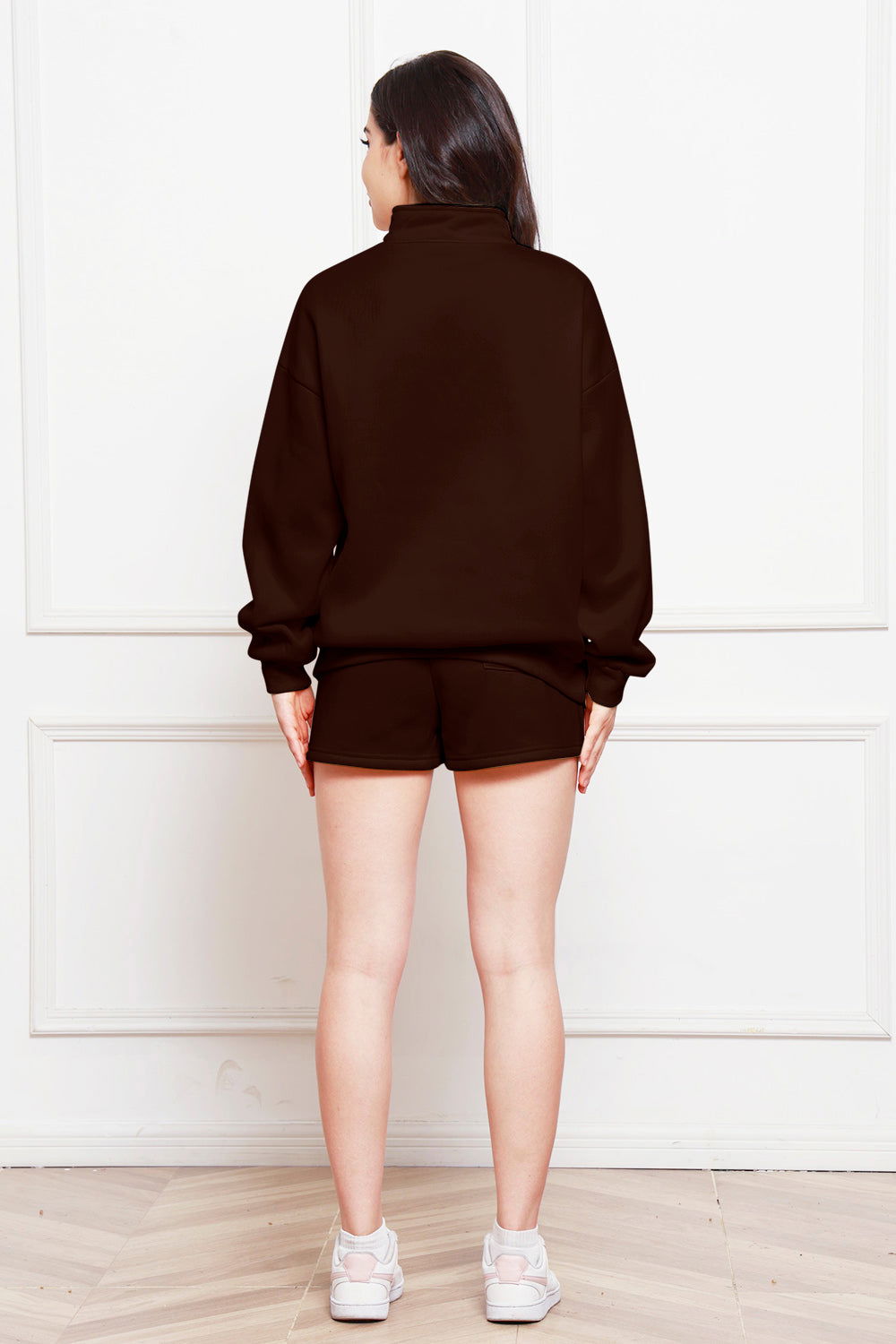 Half Zip Long Sleeve Sweatshirt and Drawstring Shorts Set - Fashionqueene.com-Sweatshirt set