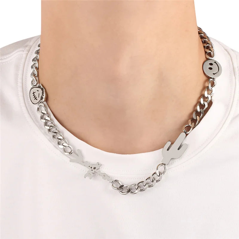 Harajuku Quenched Travis Scott Cactus Jack Happy Smiling Face Necklace For Women Men Goth Unisex Street Stainless Steel Jewelry - Fashionqueene.com