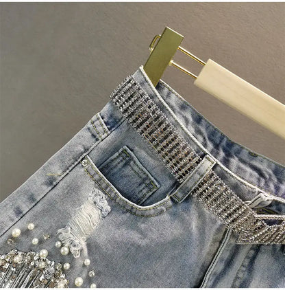 Elegant Shorts Lady Tassel Beading High Waist Wide Leg Denim Casual Solid Shorts Jeans