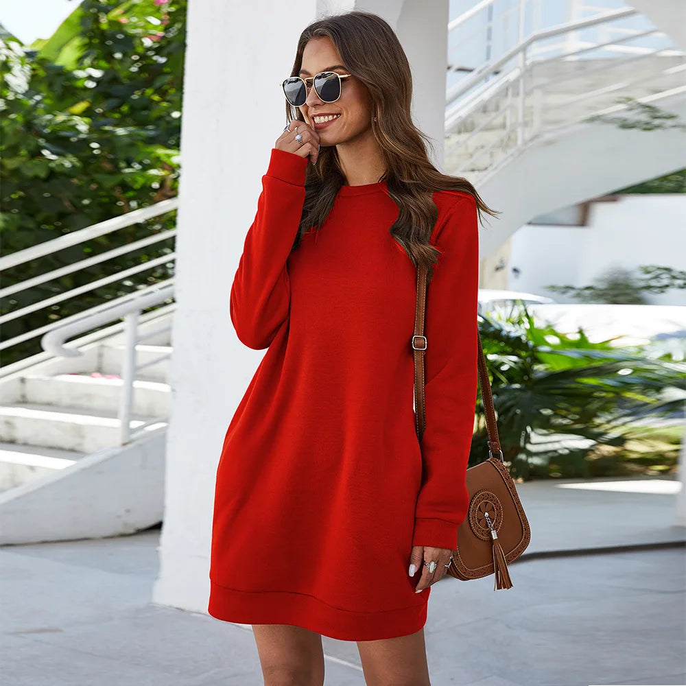 Autumn Winter O Neck Long Sleeve Women's Sweatshirt Dress  Solid Loose Pocket