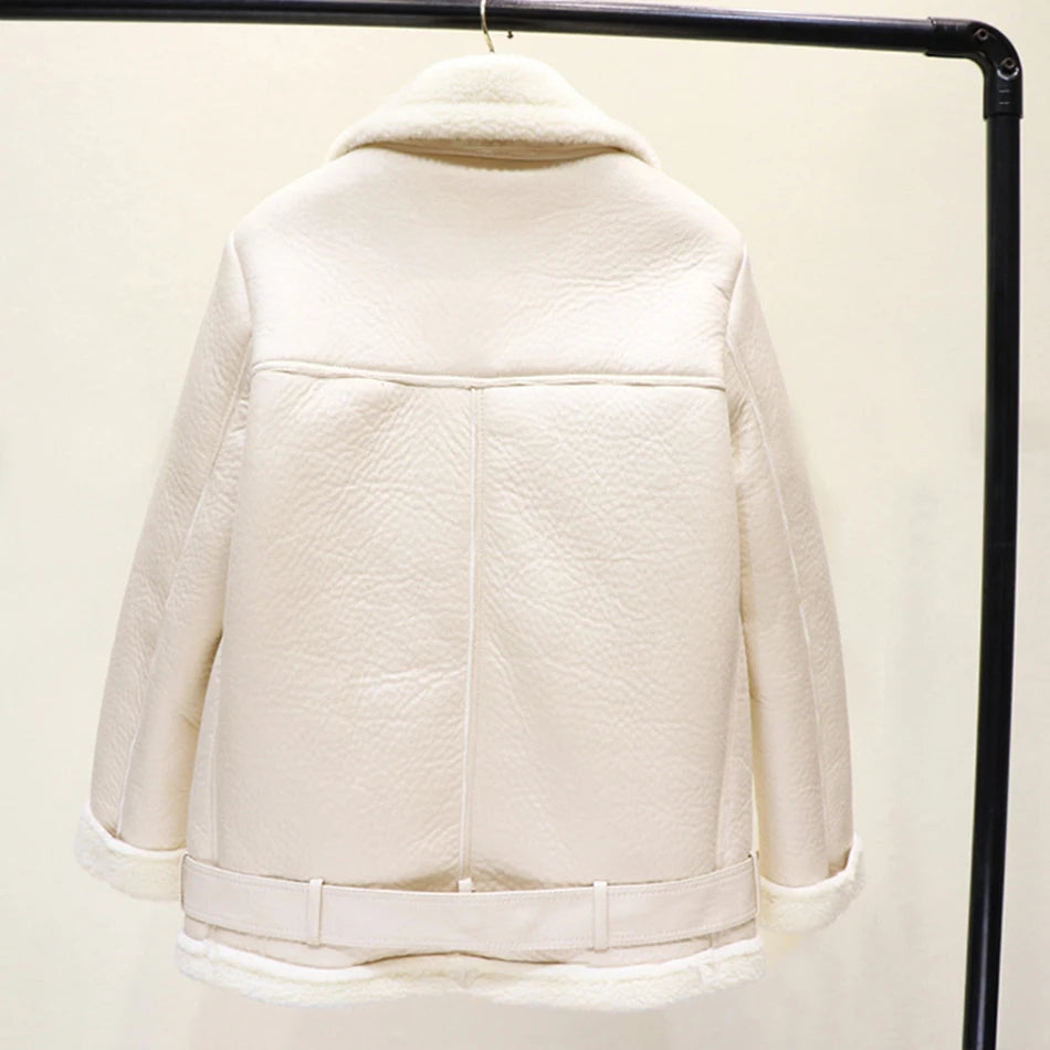Thick and warm faux leather jacket Coat women's beige long-sleeved belt jacket women 2025 winter fashion new streetwear Tops