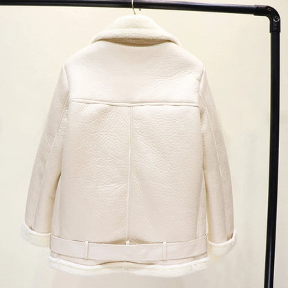 Thick and warm faux leather jacket Coat women's beige long-sleeved belt jacket women 2025 winter fashion new streetwear Tops