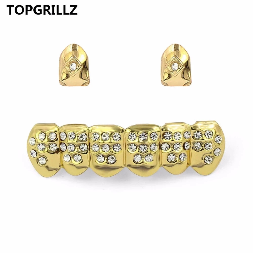 Yellow Gold Color Plated  2 Single Top Teeth Grillz Cap Tooth Grills Two Lines Bottom Hip Hop