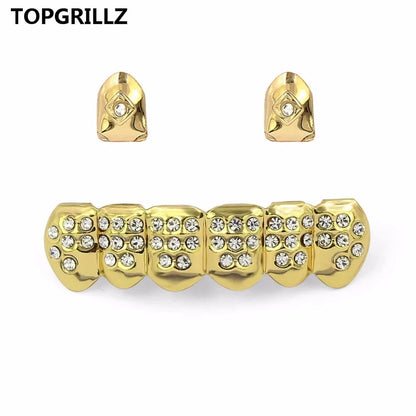 Yellow Gold Color Plated  2 Single Top Teeth Grillz Cap Tooth Grills Two Lines Bottom Hip Hop