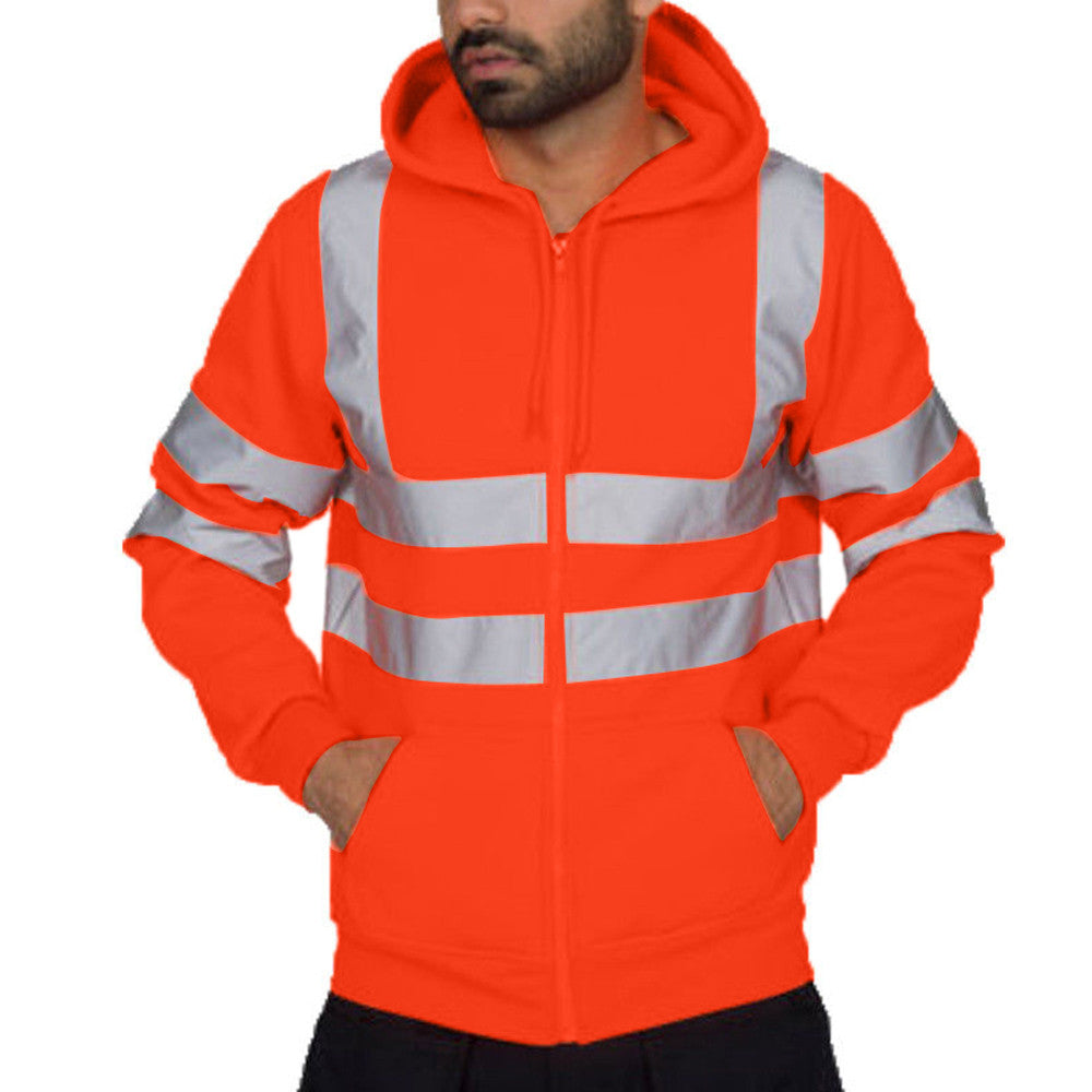 Men Reflective Stripe Hooded Jacket Patchwork Hoodies Road Work High Visibility Pullover Workwear